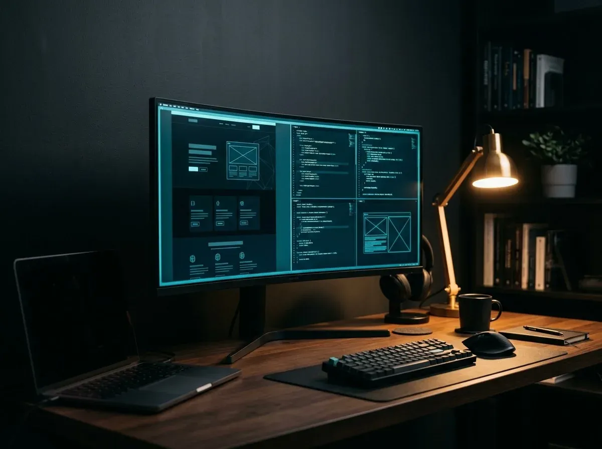 Stanowisko pracy: szeroki monitor z kodem i projektem strony, obok laptop