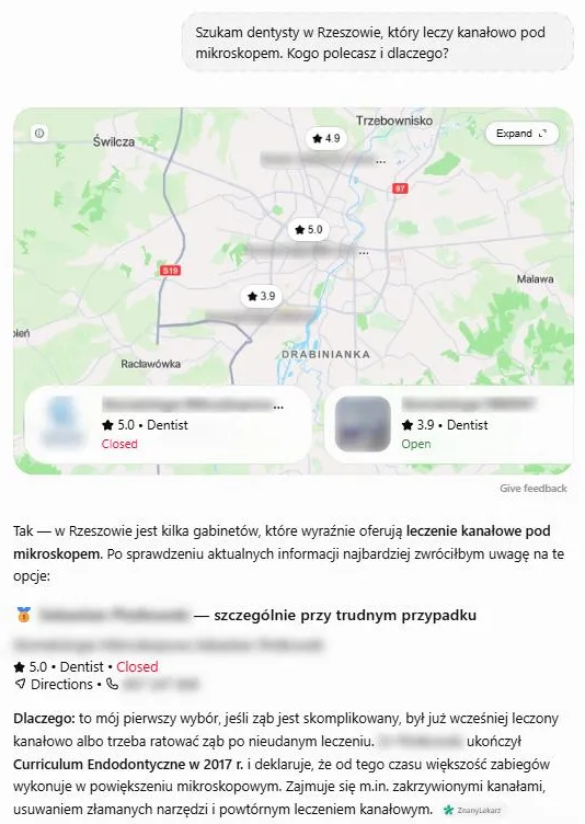 Odpowiedź ChatGPT na pytanie o dentystę w Rzeszowie: mapa z ocenami gabinetów, a pod nią polecenie z uzasadnieniem i odnośnikiem do ZnanyLekarz