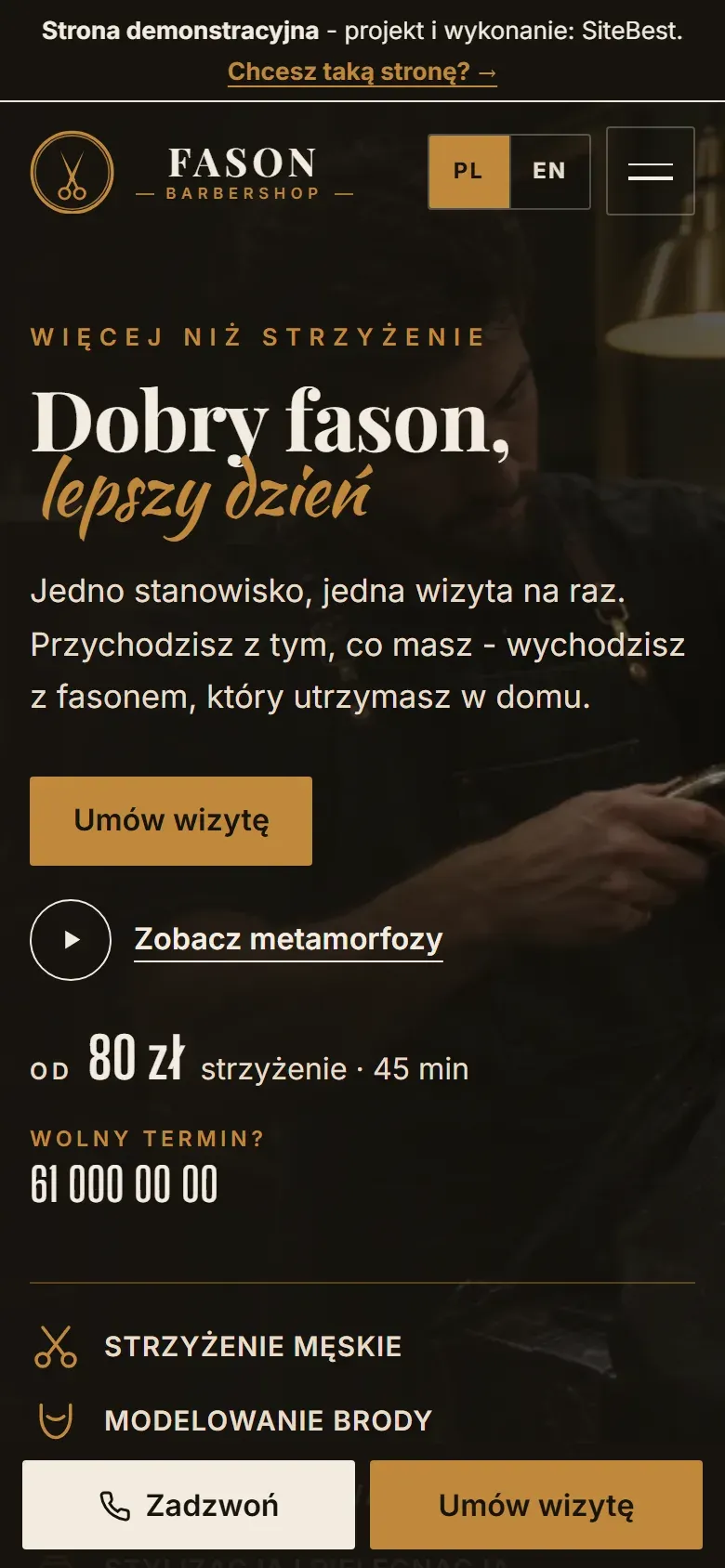 Strona Fason na telefonie — zrzut z żywej strony