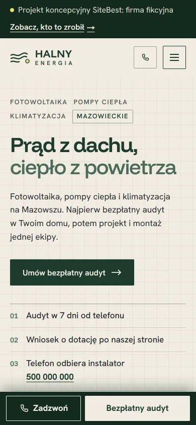 Strona Halny Energia na telefonie - zrzut z żywej strony