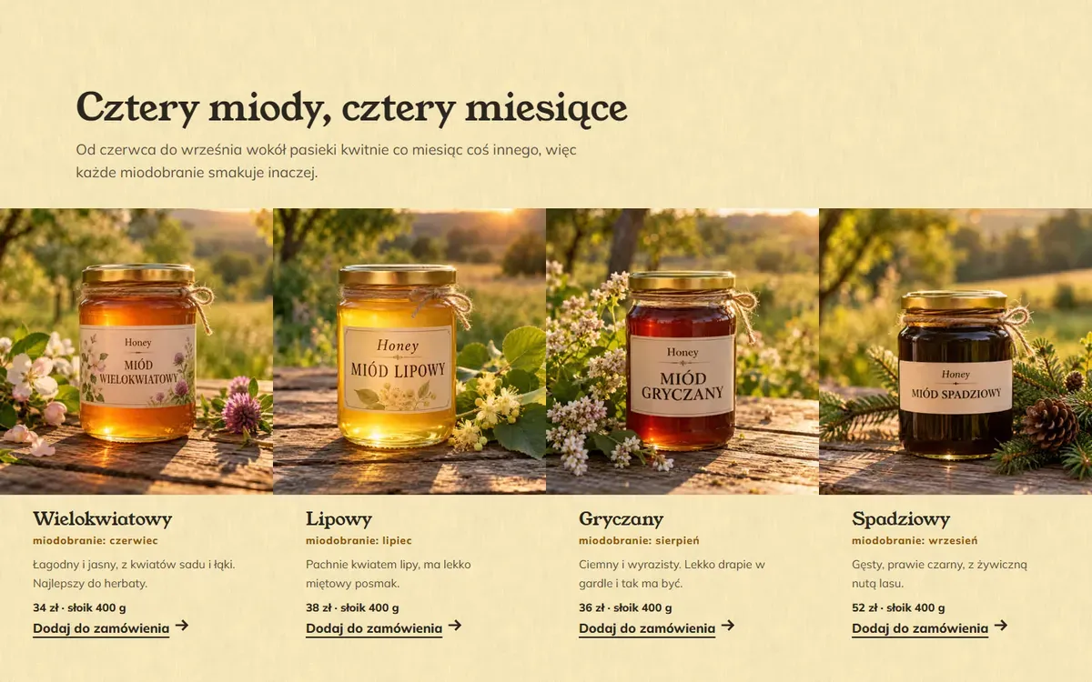 Miód z koszykiem w nagłówku: fragment strony Honey