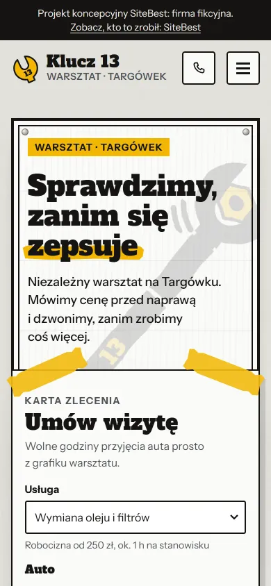 Klucz 13 website on a phone - screenshot of the live site