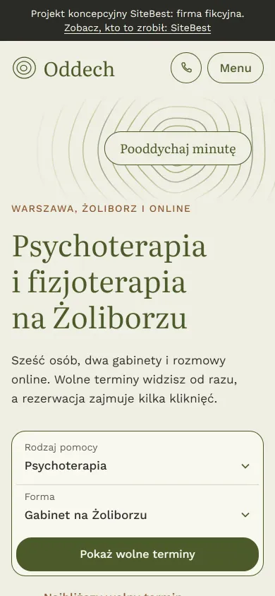 Oddech website on a phone - screenshot of the live site