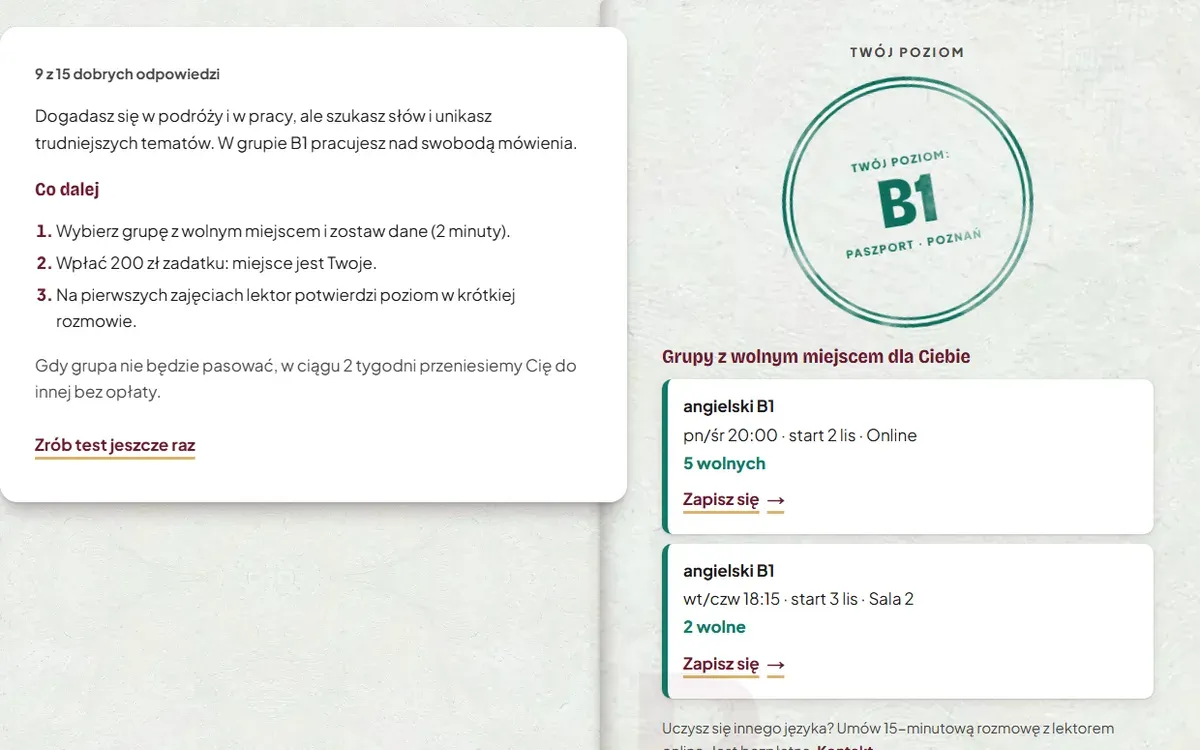 A level test that ends with a specific group: part of the Paszport website