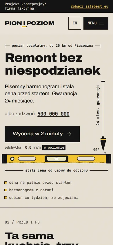 Pion i Poziom website on a phone - screenshot of the live site