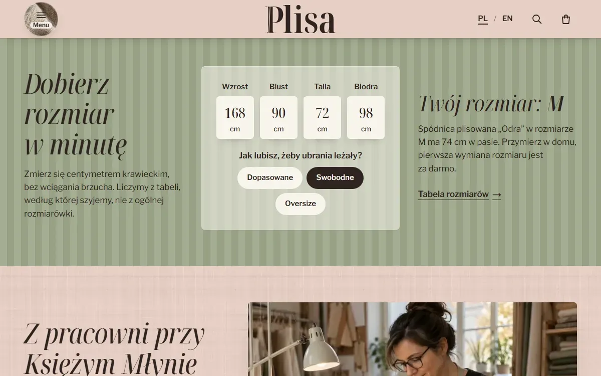 Size from measurements, not a chart: part of the Plisa website