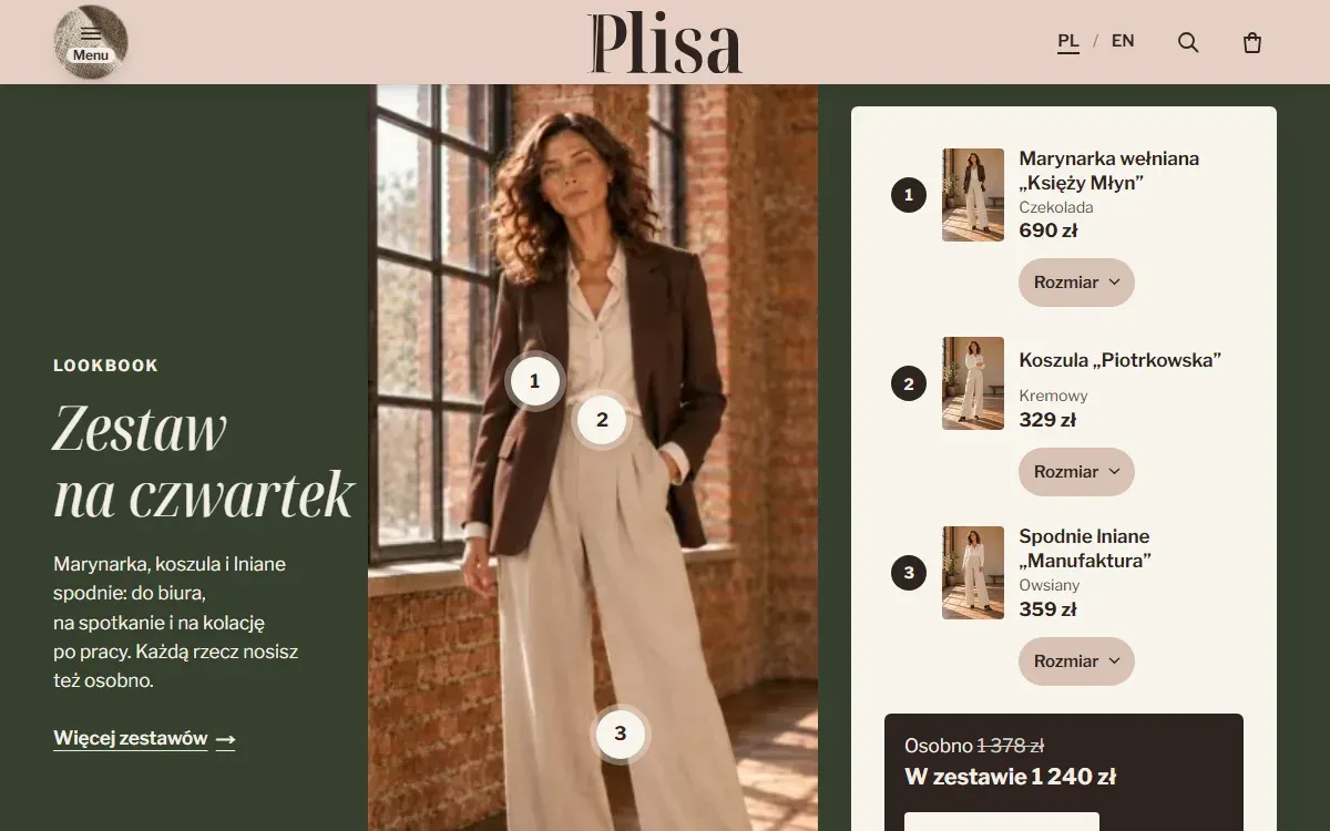 A whole look with one button: part of the Plisa website