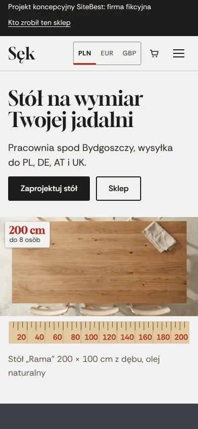 Sęk website on a phone - screenshot of the live site
