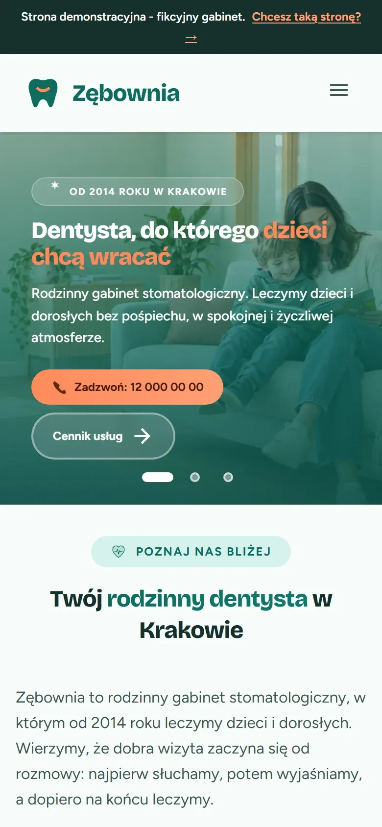 Strona Zębownia na telefonie — zrzut z żywej strony